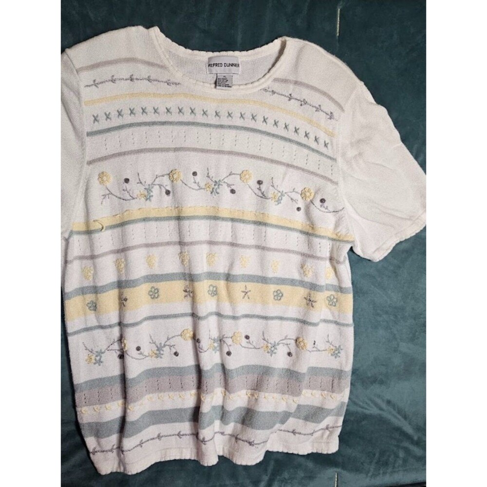 VTG 90s Alfred Dunner Floral Embroidered Knit Sweater Top Pastel Cottagecore XL